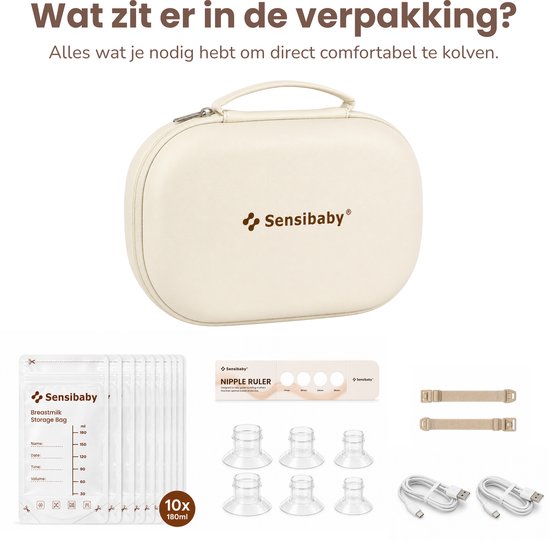 Inhoud van de Sensibaby borstkolf verpakking: kolven, zakjes, borstkolf, riempjes en kabels.