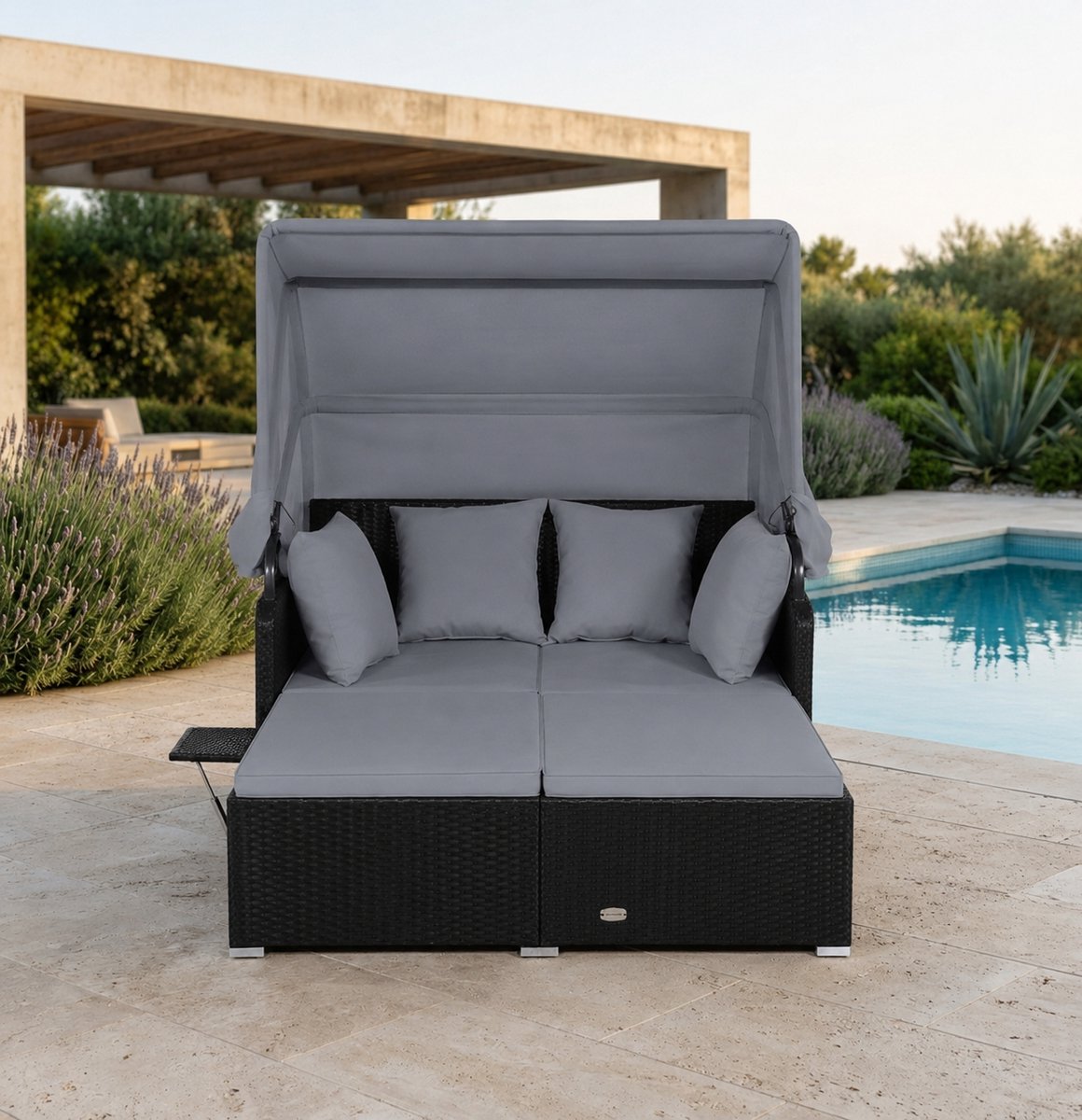 Luxe Rotan Zonne-eiland 2-Persoons met Inklapbaar Zonnescherm en Dubbele Theetafels – Comfortabel Dubbel Ligbed met Kussens voor Tuin & Terras – 360 kg Draagkracht – Grijs Industrohome