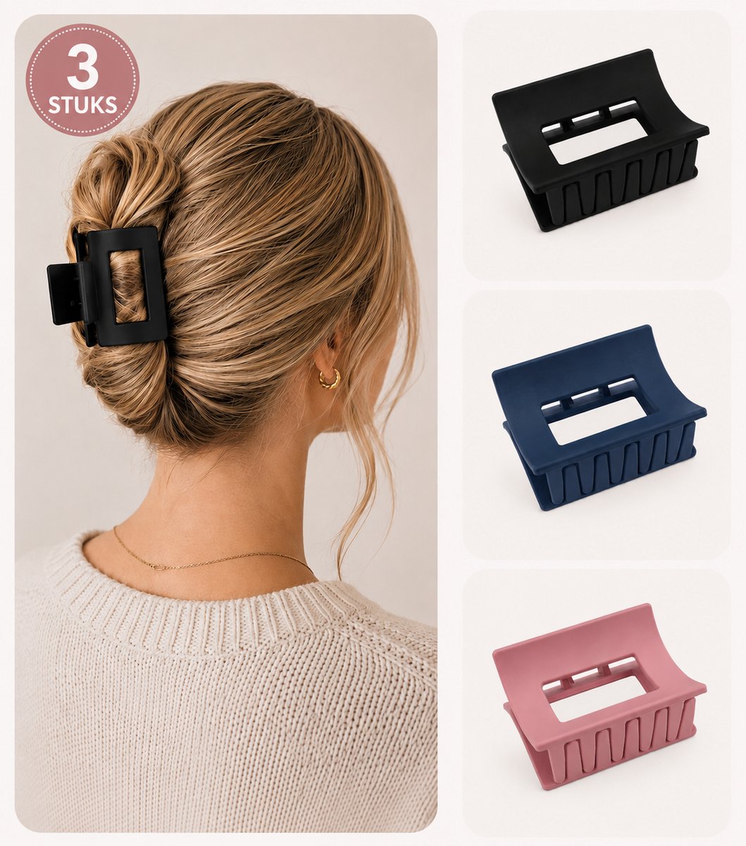 Grote Haarklemmen Dames 6 cm – Set van 3 – Sterke Grip – Vierkant Design – Zwart, Navy & Roze