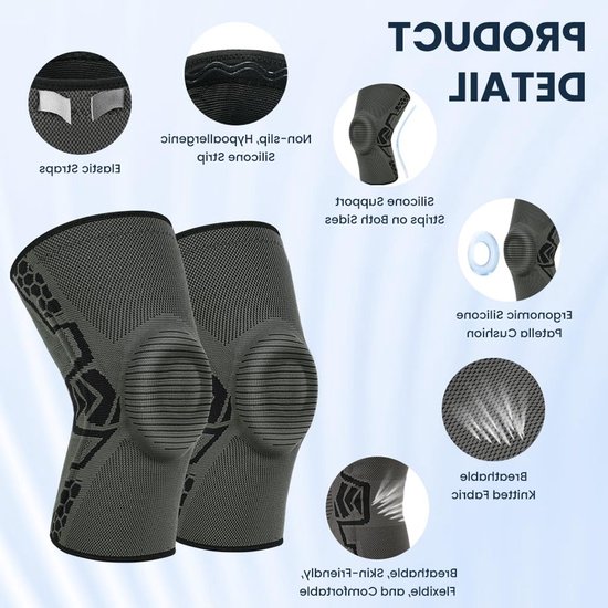 Kniebrace set van 2, compressiemouwen met patellapads en stabilisatoren voor kniepijn, artritis, meniscusscheur en sportactiviteiten — afbeelding 2
