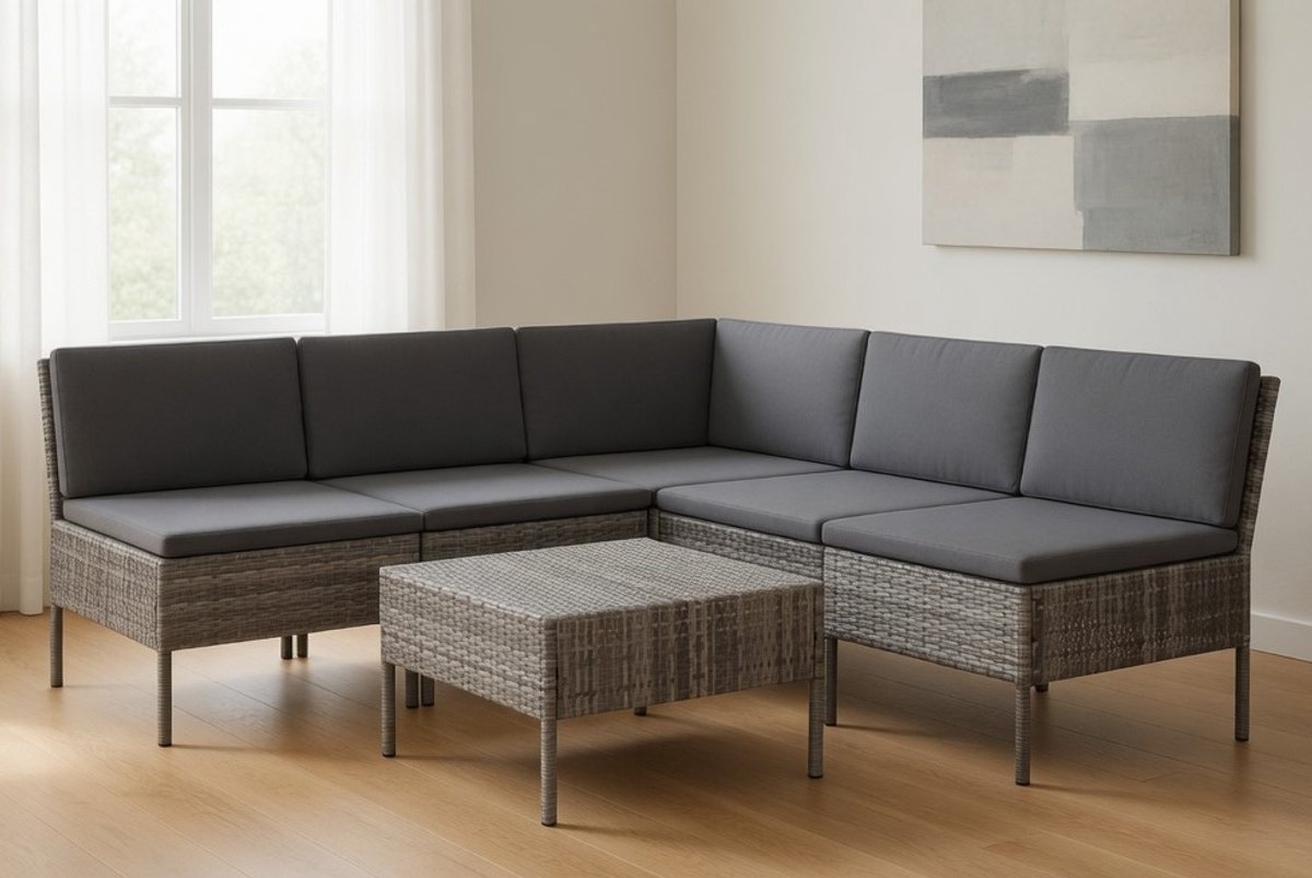 Luxe 6-Delige Modulaire Poly Rattan Loungeset met Kussens – Grijs – Complete Tuinbank Zitgroep voor Tuin, Terras & Balkon – Moderne Weerbestendige Buiten Lounge Set IndustroHome
