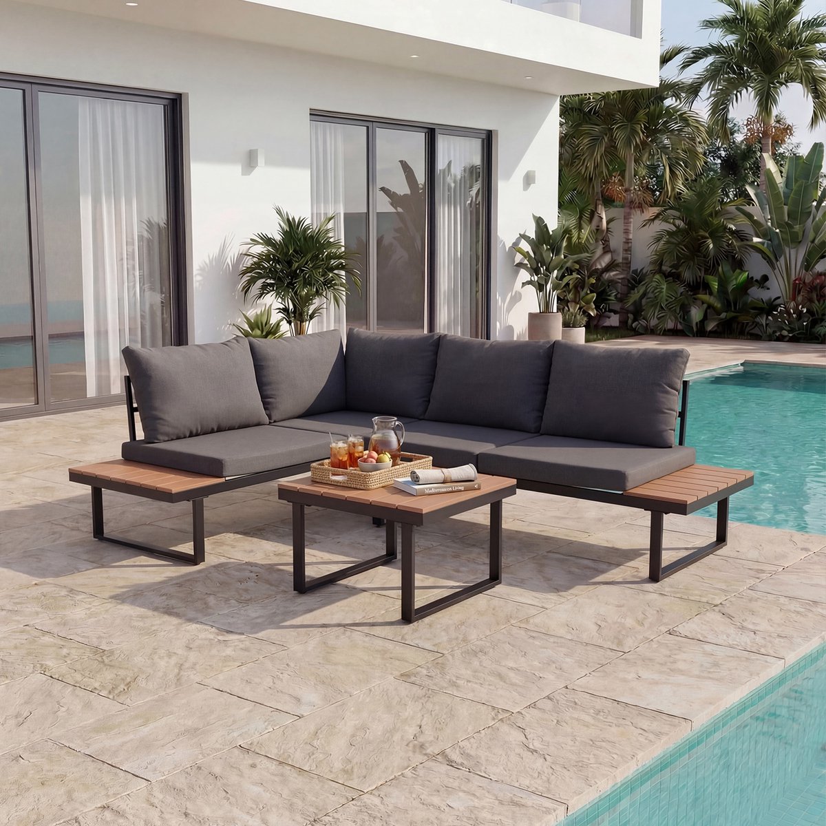 HOMAVO Buiten Sofa Set, Geschikt voor 3-4 Personen, Inclusief L-vormige Hoekbank en Salontafel, Met Hoogveerkrachtige Zitkussens, Water- en Zonbestendig, Geschikt voor Terras, Balkon en Tuin