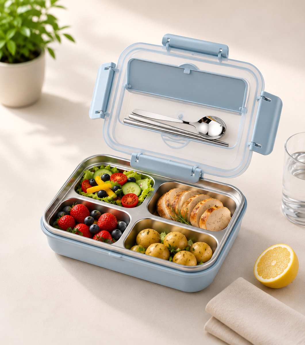 Dutchers® Lunchbox Roestvrij Staal - Incl. Bestekset – BPA-vrij – Met Deksel, Bestekvak & Telefoonhouder - Bento Box – Blauwe RVS Broodtrommel voor Kinderen & Volwassenen – - Mealprep - Duurzame Lunchdoos voor School & Werk - Blauw