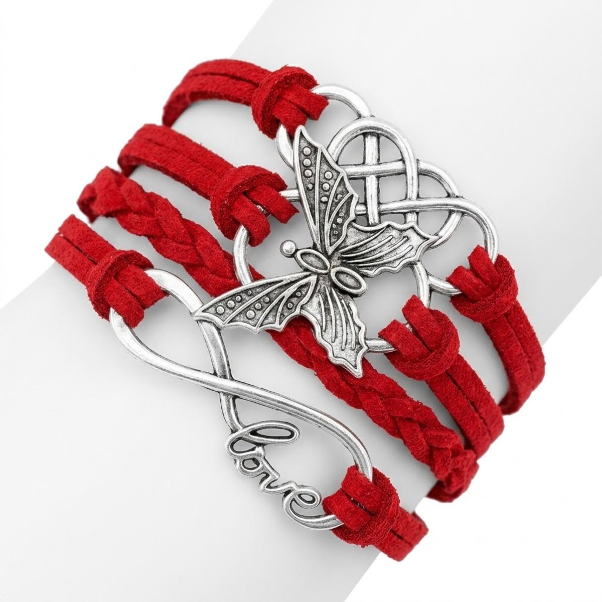 Donkerrode Love Armband voor dames vrouwen met Vlinder en Infinity Symbool – Vlechtarmband met Charms
