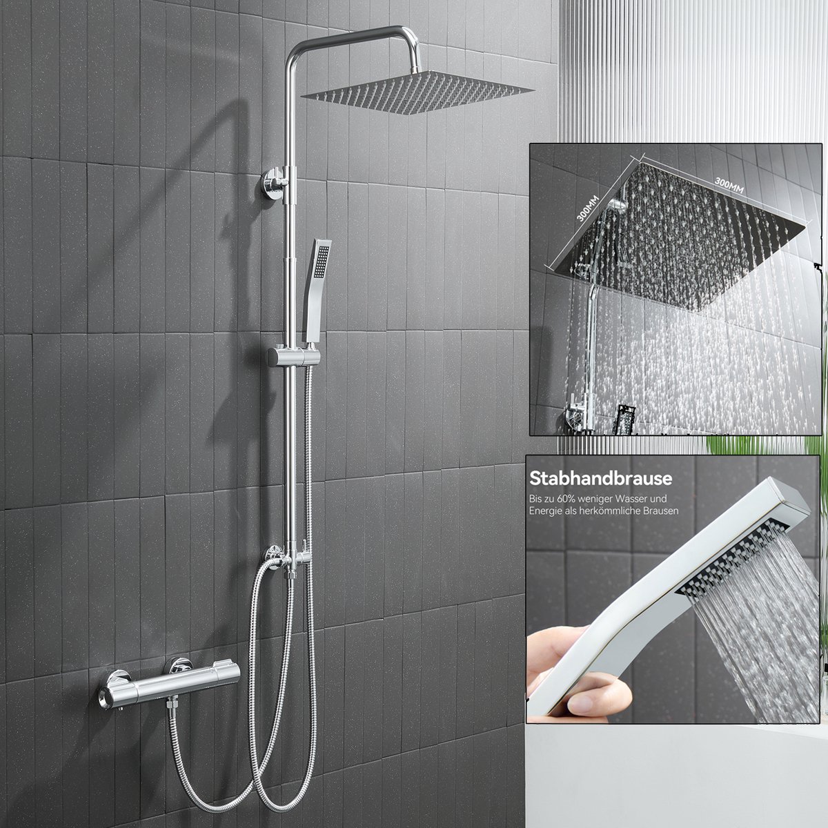 Auralum Max Douchesysteem - Regendouche Ø 30 cm - Met Vierkant Handdouche - Doucheset - Ve