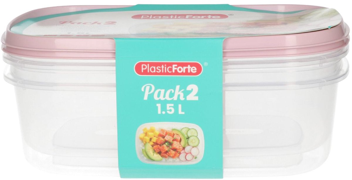 Plasticforte Vershoudbakjes - 2x stuks - 1.5 liter - herbruikbaar - transparant/roze - kunststof - magnetron - vriezer