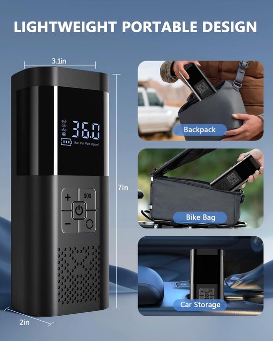 Draagbare luchtcompressor met, draadloze luchtpomp voor autobanden met digitale drukmeter, automatische uitschakeling, USB-C-aansluiting en LED-verlichting. Geschikt voor auto's, motoren, fietsen, ballen en meer. — afbeelding 5