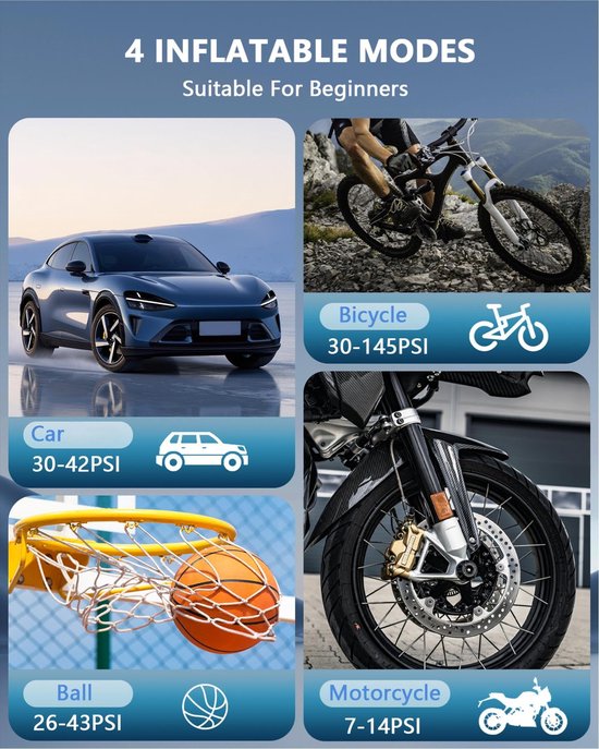 Draagbare luchtcompressor met, draadloze luchtpomp voor autobanden met digitale drukmeter, automatische uitschakeling, USB-C-aansluiting en LED-verlichting. Geschikt voor auto's, motoren, fietsen, ballen en meer. — afbeelding 2