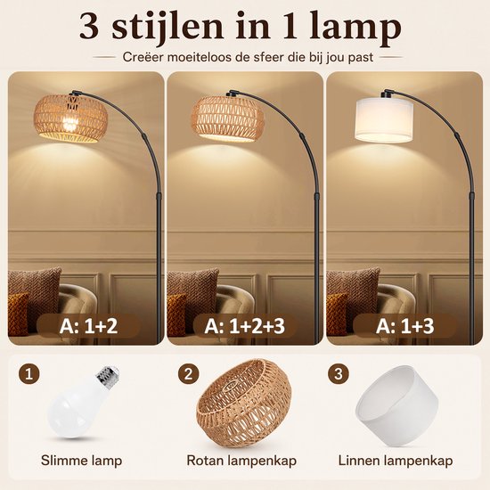 Rosnek Slimme Booglamp met Rotan Kap - Traploos Dimbare Arc Vloerlamp - E27-fitting - Zware Marmeren Voet - Bohemian & Industrieel - Bediening via App