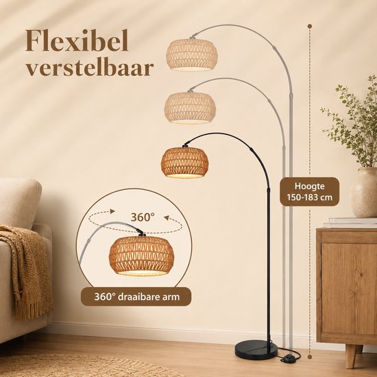 Rosnek Slimme Booglamp met Rotan Kap - Traploos Dimbare Arc Vloerlamp - E27-fitting - Zware Marmeren Voet - Bohemian & Industrieel - Bediening via App