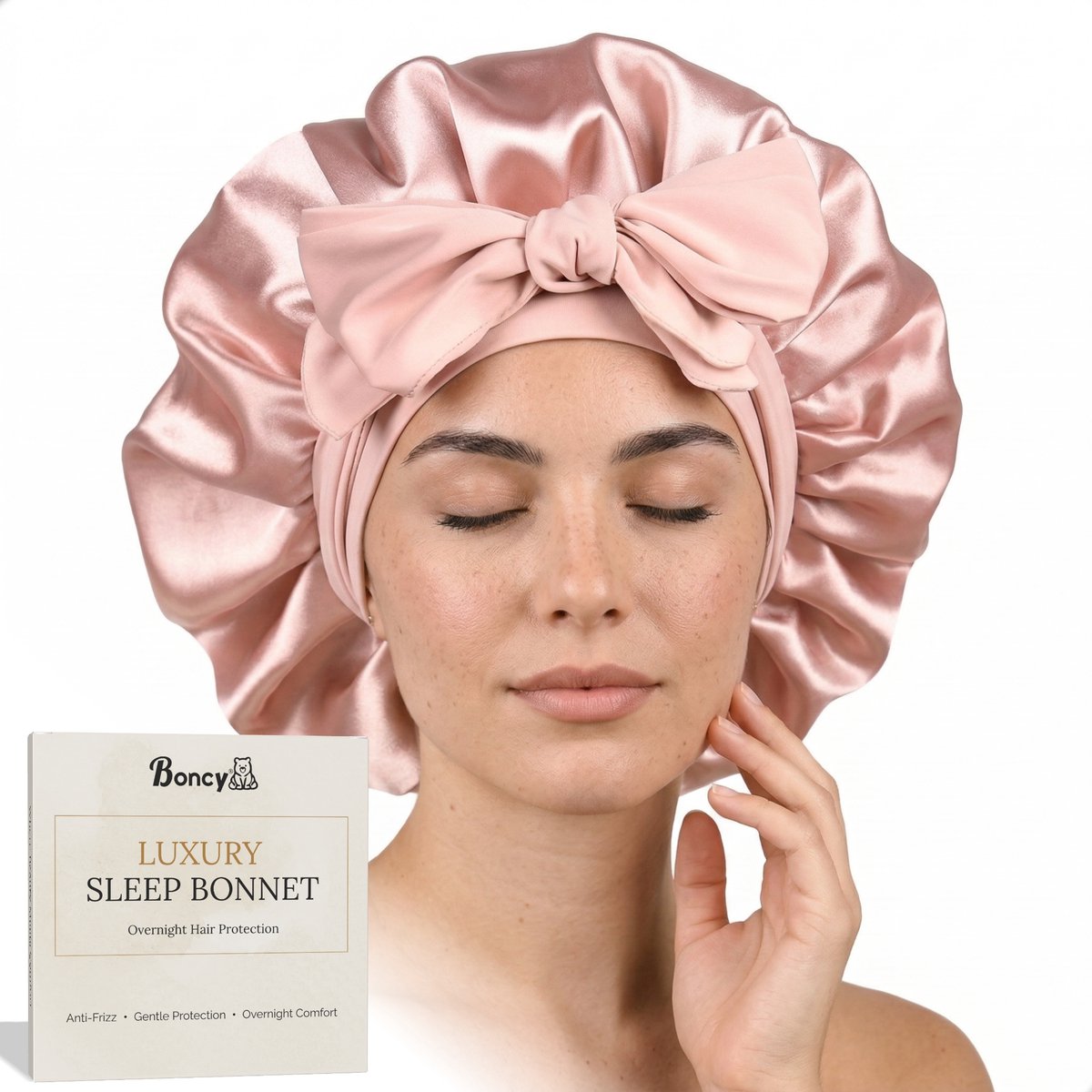 Boncy® Luxe Bonnet Satijn met Strik - Satijnen Slaapmuts Verstelbaar - Zijde Haarnetjes voor Krullen - Krullend Haar Dames - Satin - Roze
