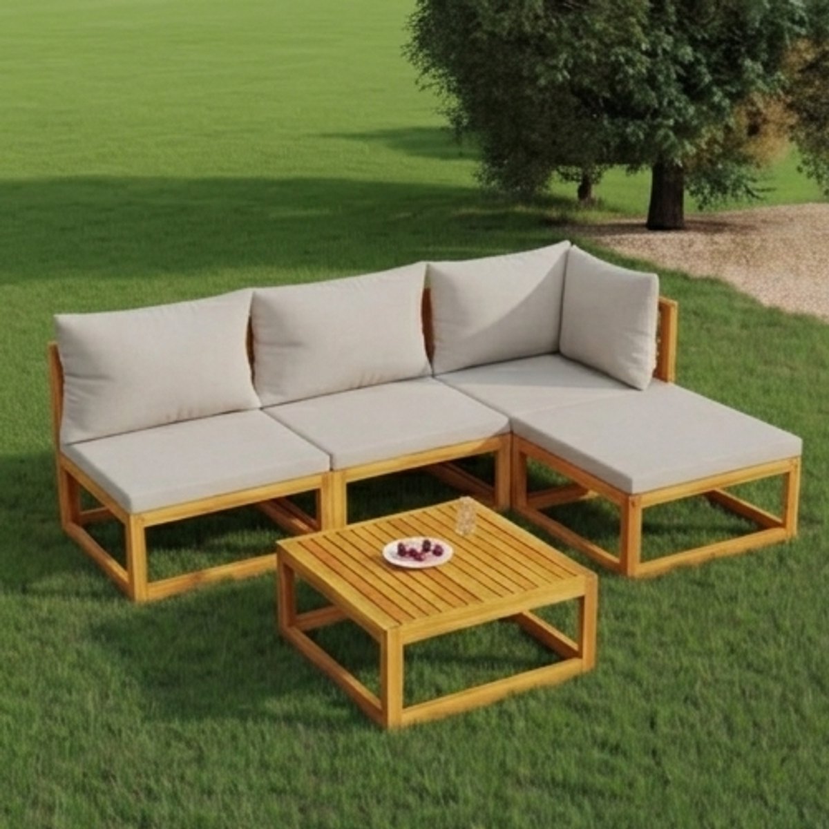 Luxe 5-delige Tuinloungeset van Massief Acaciahout – Modulaire Balkon- en Terras Loungeset met Lichtgrijze Kussens – Weerbestendige Outdoor Hoekbank Set voor Tuin, Veranda & Balkon IndustroHome
