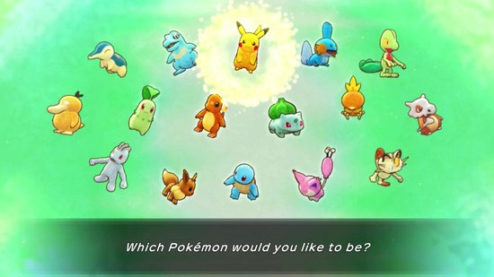 Een groep Pokémon, waaronder Pikachu, Bulbasaur, Charmander, Squirtle, en Cyndaquil, staan in een cirkel.