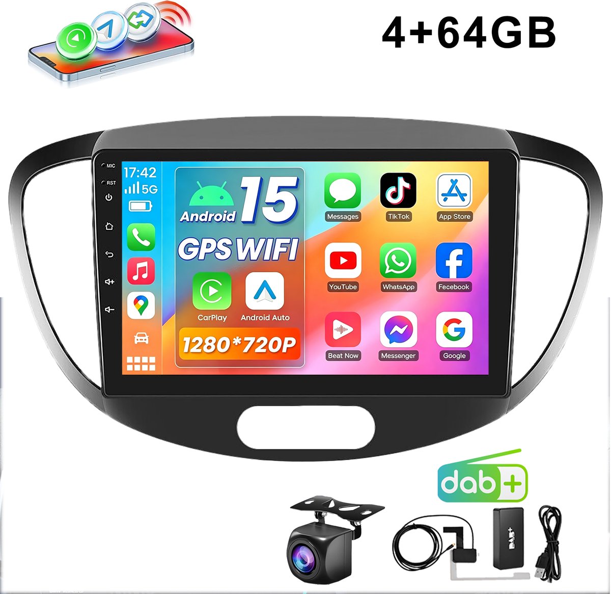 ESSGOO DAB+ Carplay autoradio voor Hyundai i10 - 2007 t/m 2013 - Android 15 - Draadloos Apple Carplay & Android auto - 4GB + 64GB - 2007 2008 2009 2010 2011 2012 2013 - GPS, Bluetooth & Wifi - Achteruitrijcamera