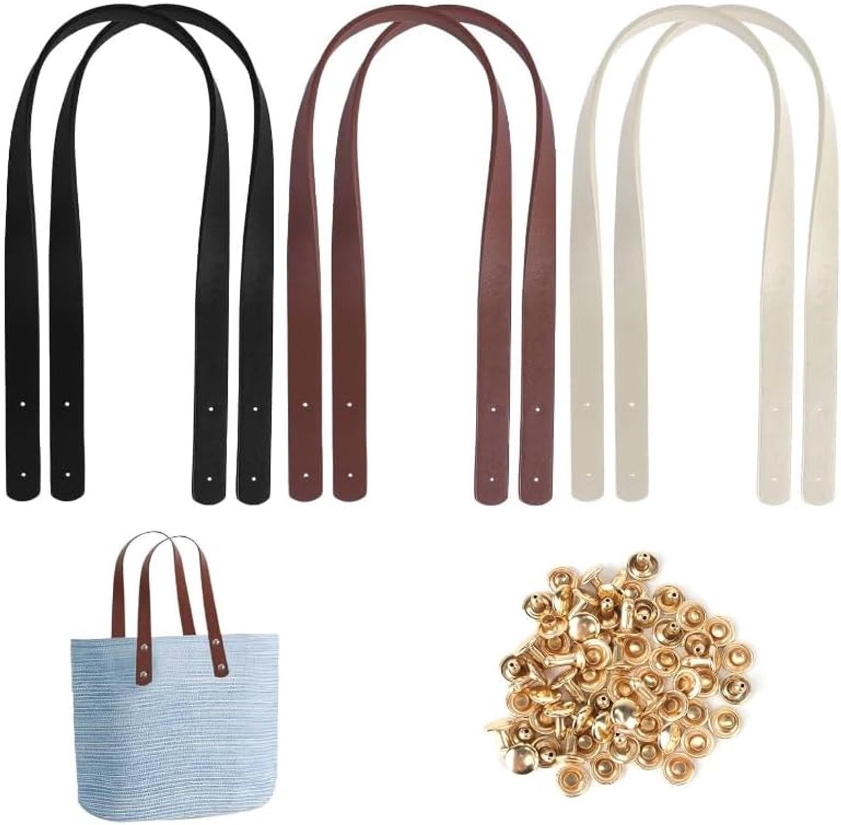 JeiibrZui Lederlook Taschengriffen 60 CM - 6 Stuks Verstelbare Schouderriemen Met 24 Klinknagels - Zwart Donkerbruin Crèmewit - DIY Vervanging Voor Handtassen