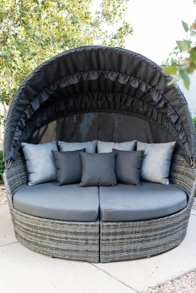 Luxe Polyrotan Zonne-Eiland met Dak – Ovale 2-Persoons Zonneligstoel met Kussens – Weerbestendige Lounge Ligbank voor Tuin, Terras & Balkon – Grijs IndustroHome