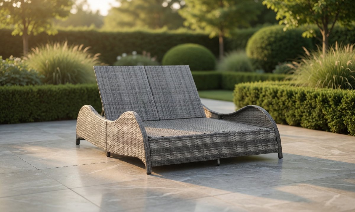 Dubbel Luxe Zonne-eiland 2-Persoons – Verstelbare Polyrotan Ligstoel met Dik Kussen – Weerbestendige Tuinloungeset met Stalen Frame – Antraciet – Industrohome
