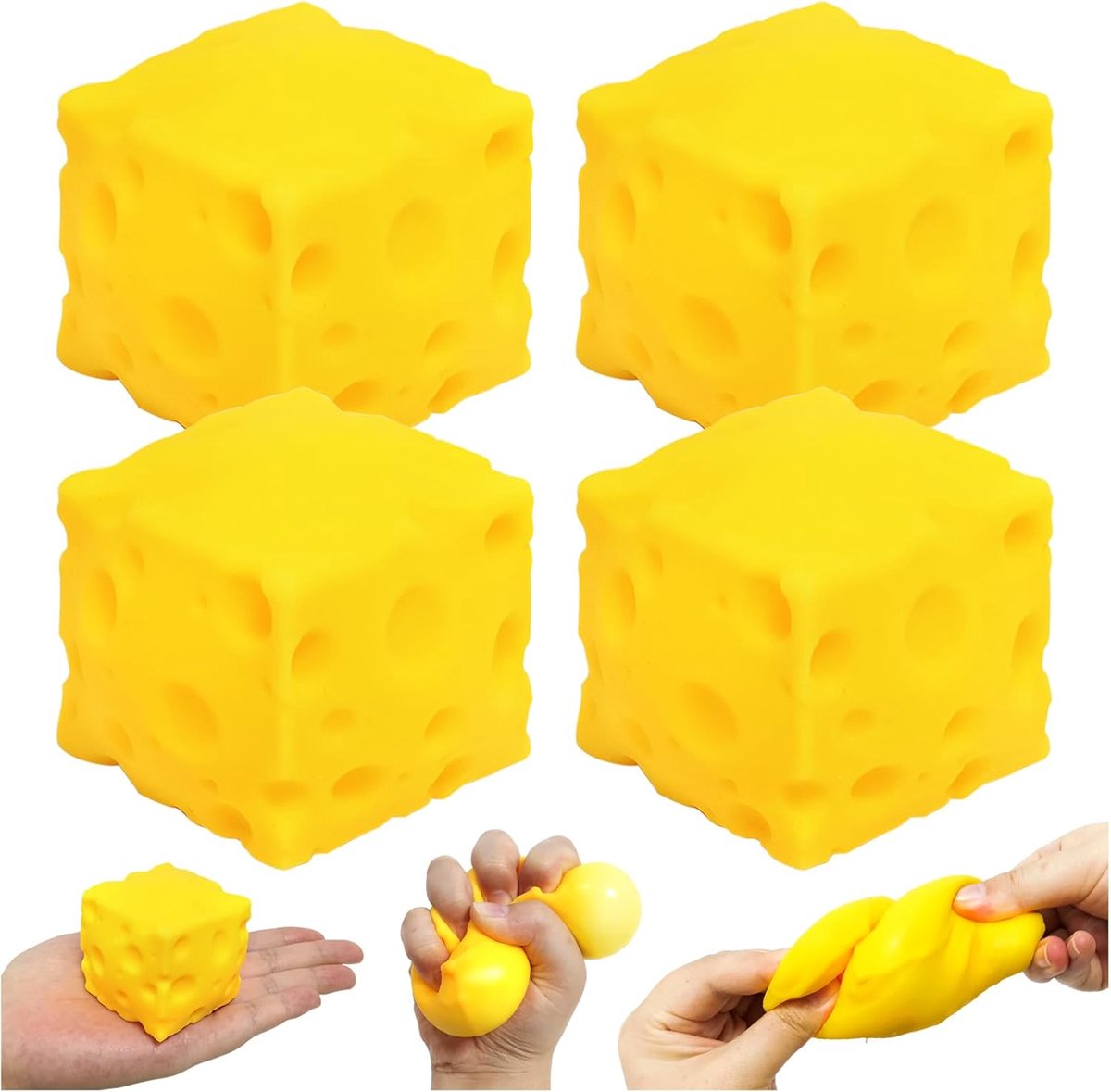 4 Stuks Squishy Kaasballetjes, Stressballen met Langzame Herstelvorm, Zacht en Draagbaar Sensorisch Speelgoed, Antistress voor Kinderen en Volwassenen, Traktaties voor Kinderverjaardagen, Kawaii Fidget Toys voor het Verlichten van Angst | Cyslmuk®