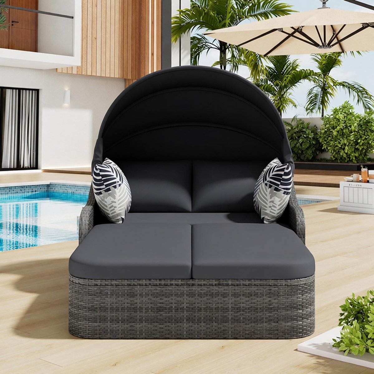 Luxe 2-Persoons Zonne-eiland Ligbed met Verstelbaar Dak – Outdoor Rotan Lounge Dagbed met Kussens | Industrohome