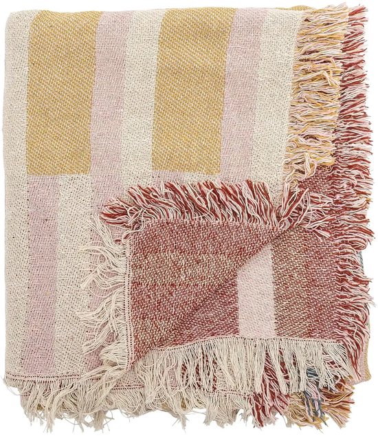 Bloomingville - Plaid Lane - Gerecycled katoen - 130x160cm - Roze/rood/groen/goud/beige