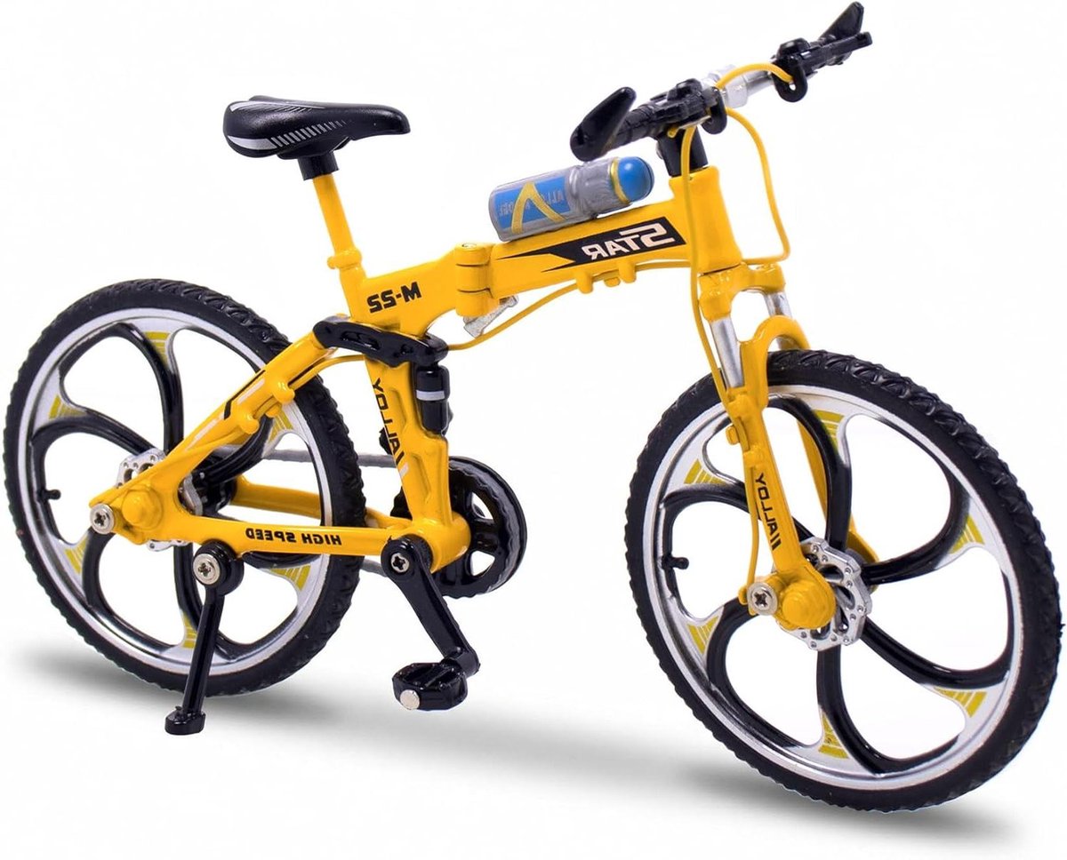 Miniatuur Fietsmodel - Speelgoedfiets Vingerfiets - Decoratie Bureau - Realistische Vouwfiets - 1:10 Schaal - Geel