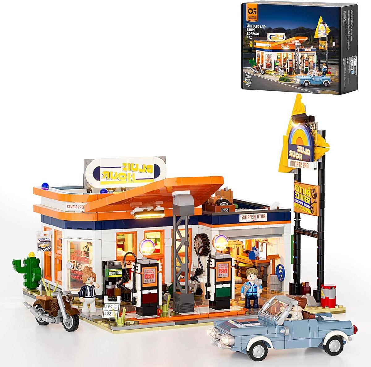 Benzinestation Bouwset - Retro Tankstation Model - Display en Rollenspel - Modulaire Structuur met LED - 1608 Stuks - Meerkleurig