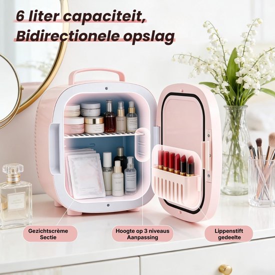 Skincare Koelkast - Mini Koelkast Slaapkamer - Cosmetische Koelkast - 6L Koelkast - LED Spiegel Koelkast - Draagbaar - Koelen En Verwarmen - AC/DC - Huidverzorging Koelkast - Beauty Koelkast — afbeelding 5