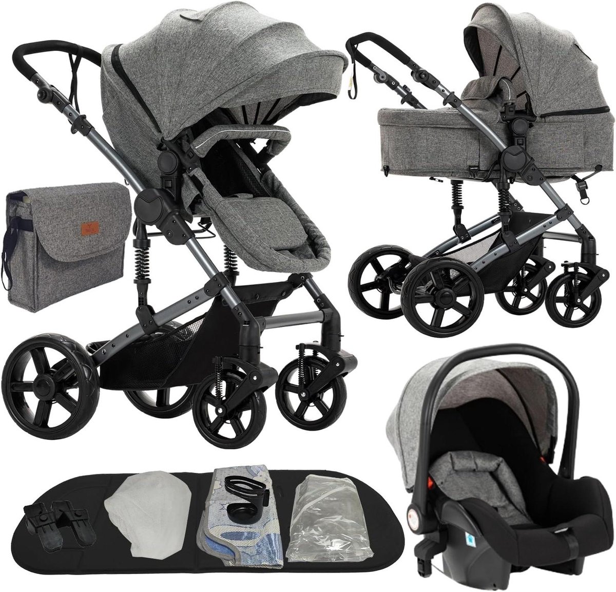 3-in-1 Kinderwagen - Babywagen Trio - Comfortabel Reizen - Dubbele Duwrichting - N.v.t. - Grijs