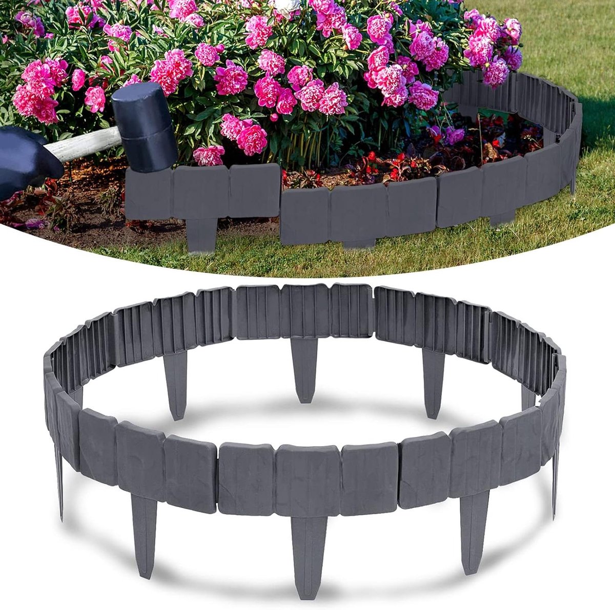 Gazonrand Steenlook - Tuinomranding Kunststof - Tuin Afscheiden - Flexibel Insteeksysteem - 15 meter - Antraciet