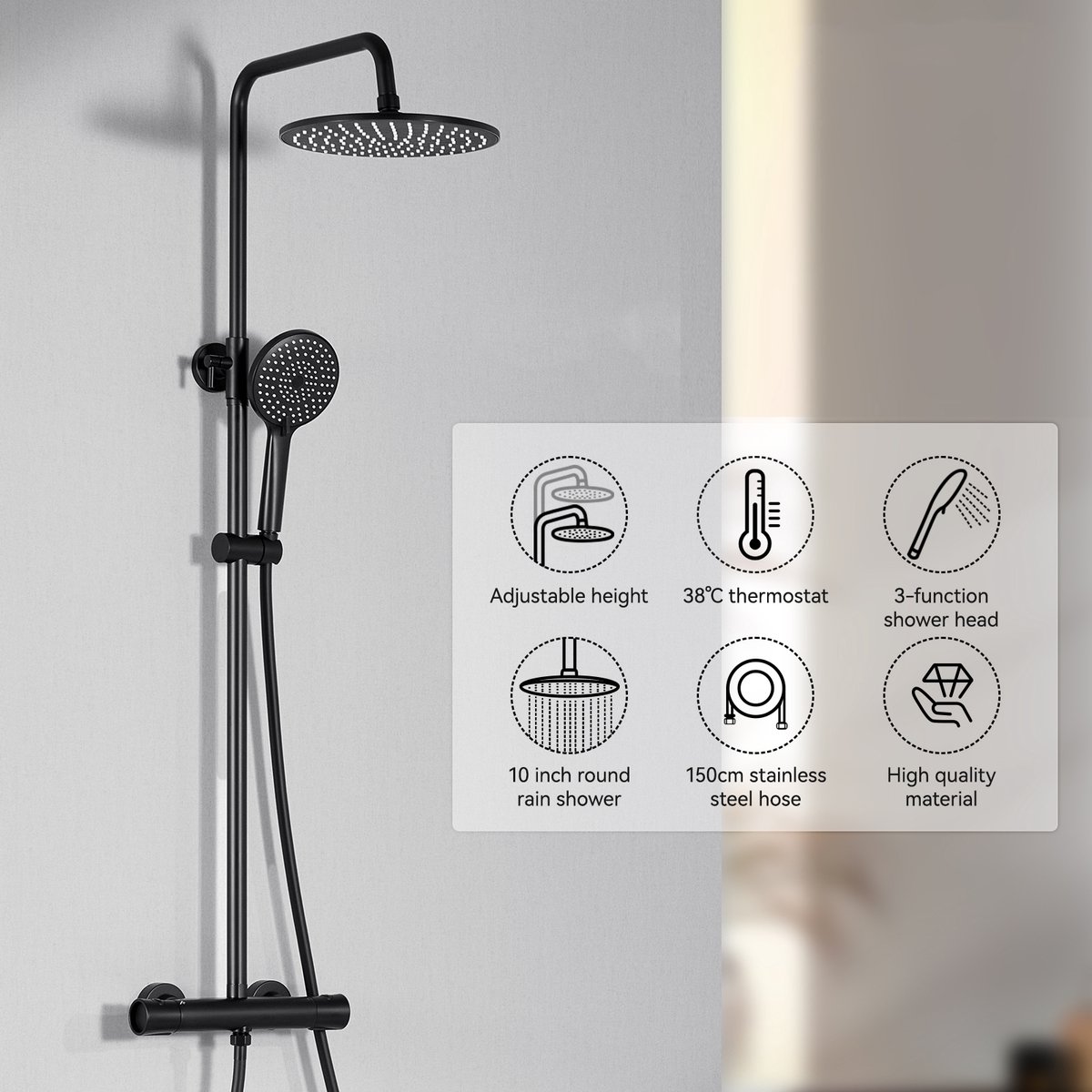 CECIPA max Regendouche met Thermostaatkraan - Douchesysteem - 10 inch Douchekop - 3-functie handdouche - Doucheset - Waterbesparend - Mat Zwarte