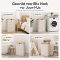Vier kamers met beige wasmanden: slaapkamer, waskamer, badkamer, kinderkamer. Met bamboe deksel.