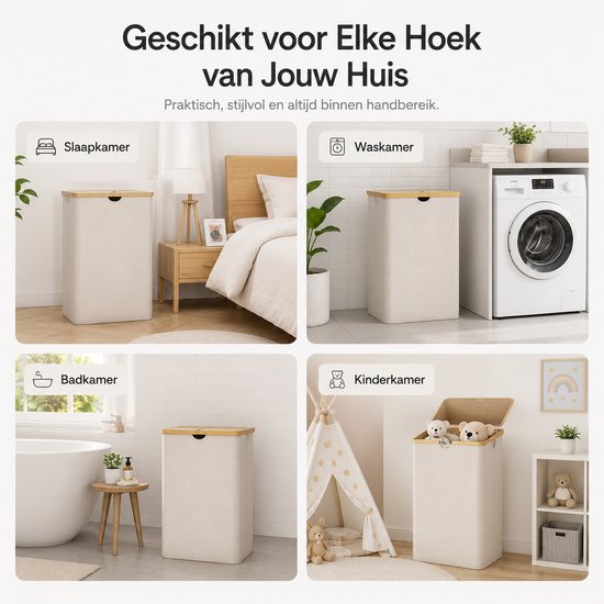 Vier kamers met beige wasmanden: slaapkamer, waskamer, badkamer, kinderkamer. Met bamboe deksel.