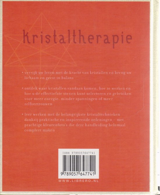 Achterkant van het boek Kristaltherapie met tekst en barcode. Titel: Kristaltherapie.