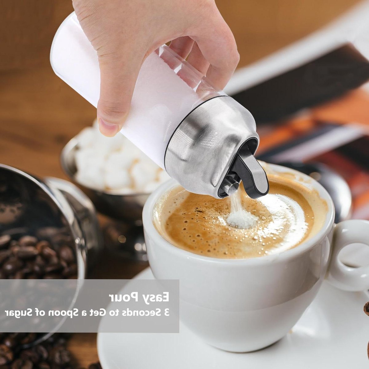Aelga Glass Sugar Dispenser with Spout, Weighted Spout, for Coffee, Tea and Baking, 340 ml