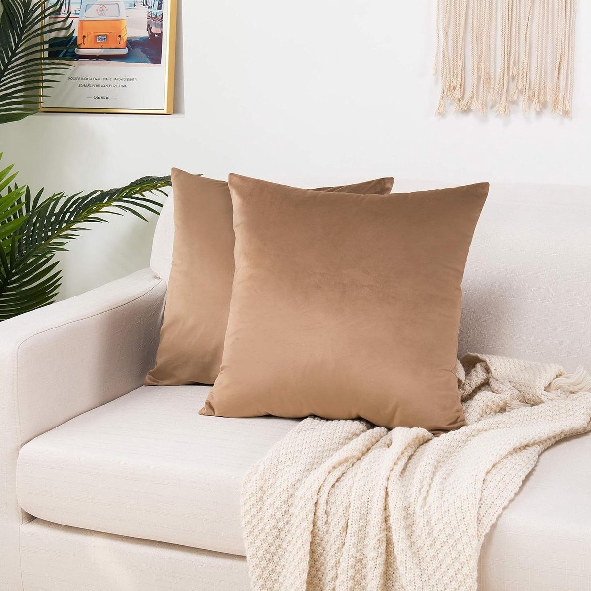 Elegant Comfort Fluwelen zachte fluwelen kussenhoezen, effen, decoratieve, vierkante kussenhoezen voor bank, slaapkamer, auto, 50 x 50 cm, effen taupe