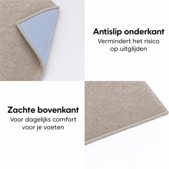 Beige badmat met antislip onderkant en zachte bovenkant.