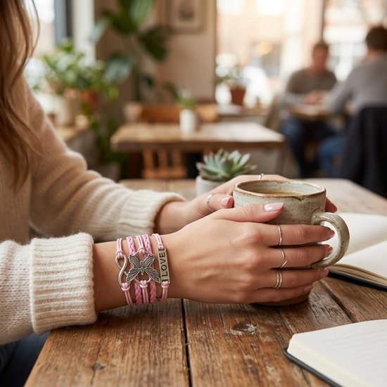 Roze gevlochten armband met vlinder- en infinity-bedeltjes, met het woord "LOVE".