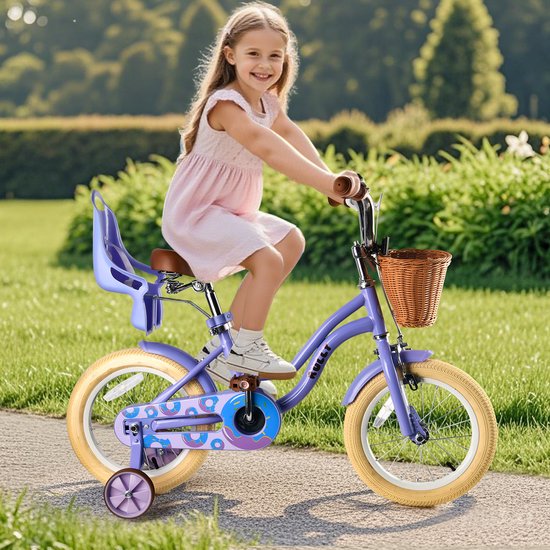 Vankel Kinderfiets 14 Inch - Met Steunwielen - Terugtraprem en Velgrem - Sterk Stalen Frame - Volledig Gesloten Kettingkast - Afneembare Fietsmand - Verstelbaar Zadel - Antislip Banden - Geschikt voor 2-4 Jaar - Duurzame Kinderfiets– Paars van VANKEL — afbeelding 2