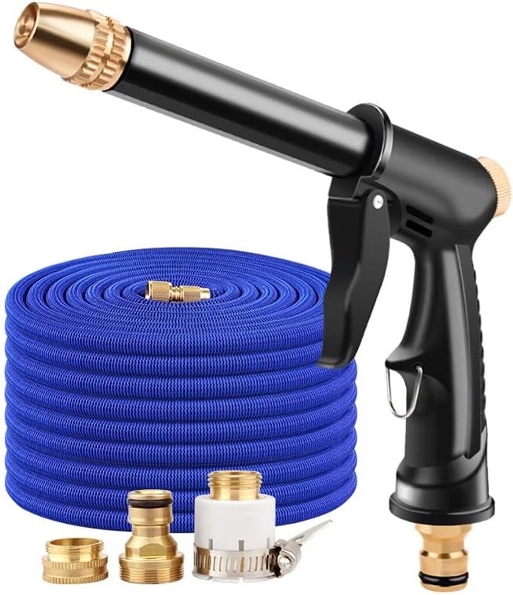 Hogedrukspuitpistool – Tuinslangset – Hogedrukreinigingsset – Pistolet haute pression - 10,5 m Uitschuifbare Slang – Slangsproeier – Tuinslangset voor het Wassen van Voertuigen, Terrasreiniging en Tuinieren/Besproeien – Blauw