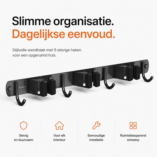 BOTC Bezemhouder - Bezemhouder ophangsysteem - Tuingereedschap - 3 Houders 4 Haken - 304 RVS - 3M Tape - Zwart van BOTC — afbeelding 4