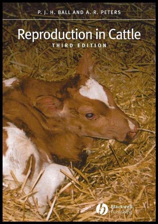 Boekomslag: "Reproduction in Cattle", derde editie, met een bruin-witte kalf liggend in stro.