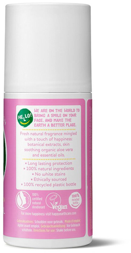 Achterkant van de Happy Earth deodorant roll-on fles met informatie over ingrediënten, bescherming en herkomst.