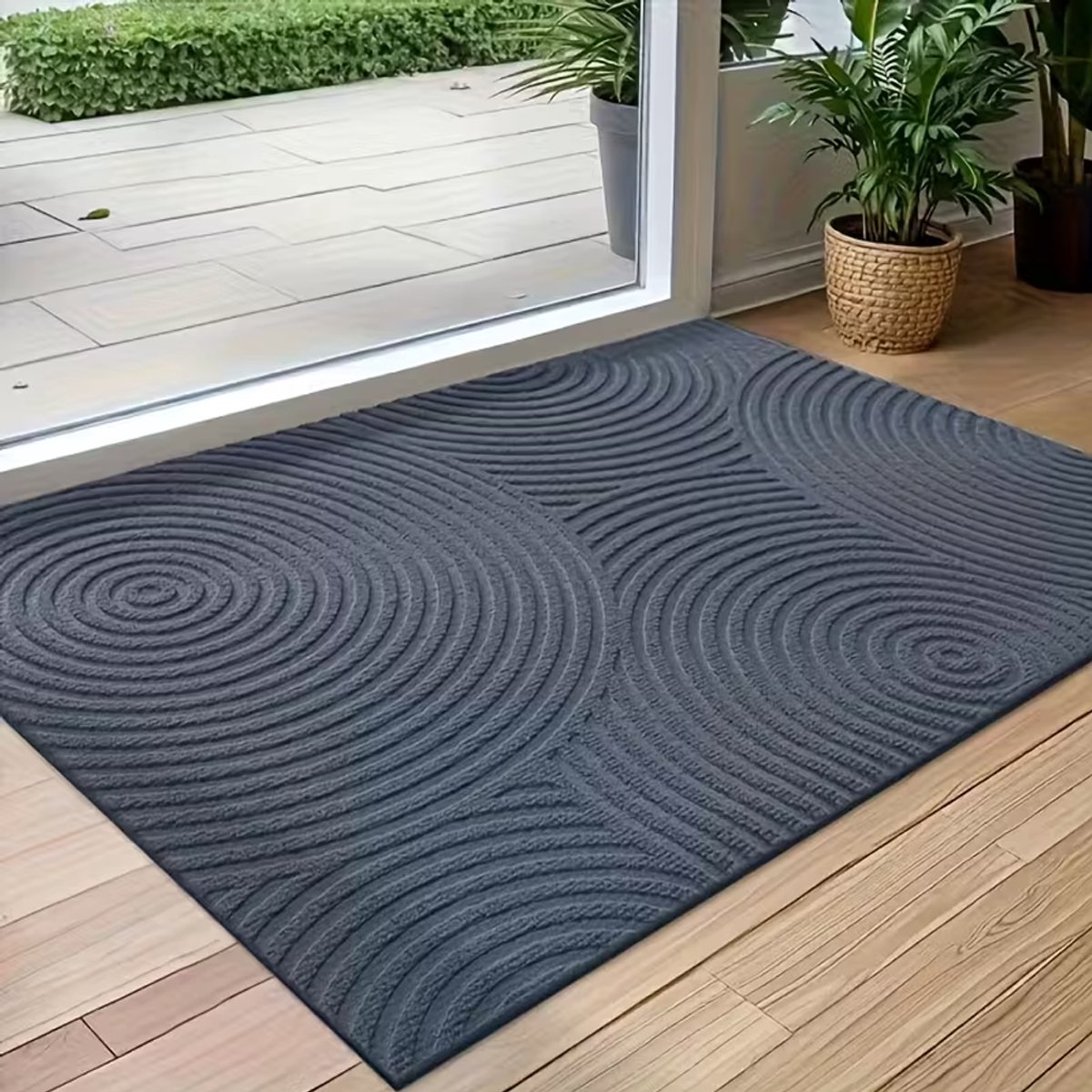 Antislip Deurmat met Rondjes Streepdesign – Grijze kleur– Polyester – 75cm x 45cm - Rubberen Onderkant – Gemakkelijk Schoon te Maken – Ideaal voor Entree, Veranda of Garage - 75cm x 45cm