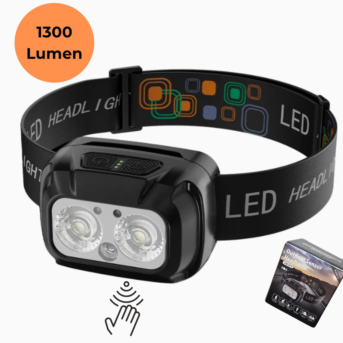 NOVJO® Hoofdlamp 1300 Lumen – 2000mAh – IPX4 Waterdicht – USB-C Snelladen – Sensorfunctie – Perfect voor Noodpakketten & Outdoor