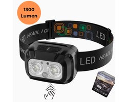 NOVJO® Hoofdlamp 1300 Lumen – 2000mAh – IPX4 Waterdicht – USB-C Snelladen – Sensorfunctie – Perfect voor Noodpakketten & Outdoor
