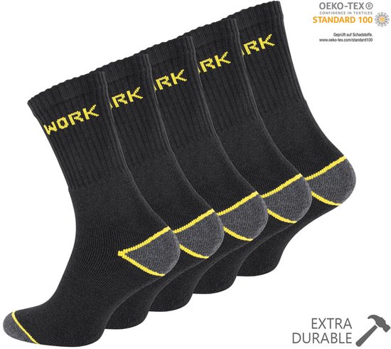 Zwarte werksokken met gele "WORK" opdruk, grijze/gele hiel/teen, en "EXTRA DURABLE" tekst.