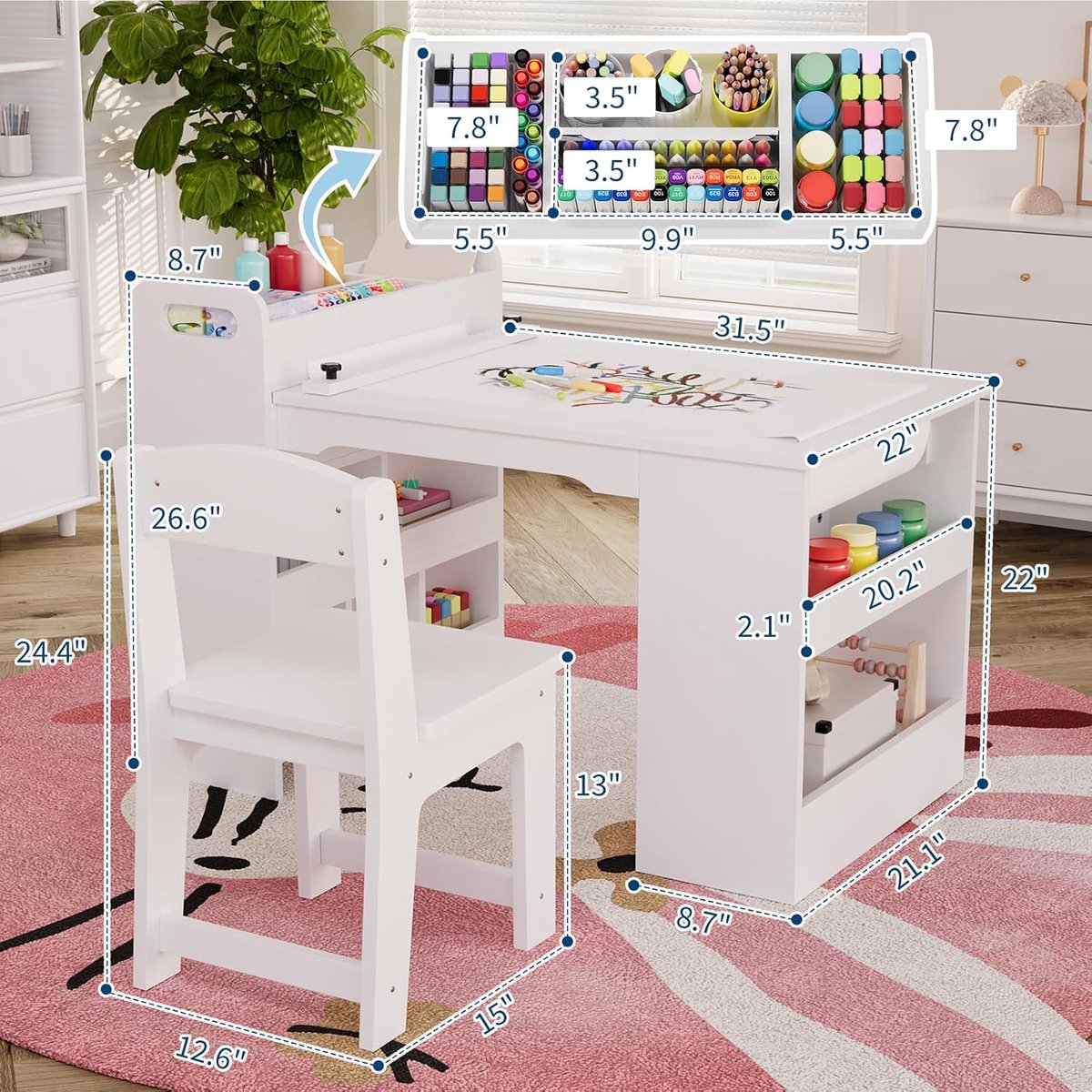 Kinderkunsttafel met 2 stoelen – Houten knutseltafel voor peuters – Houten kindermeubilair voor klaslokalen, kinderdagverblijven en thuis – Wit