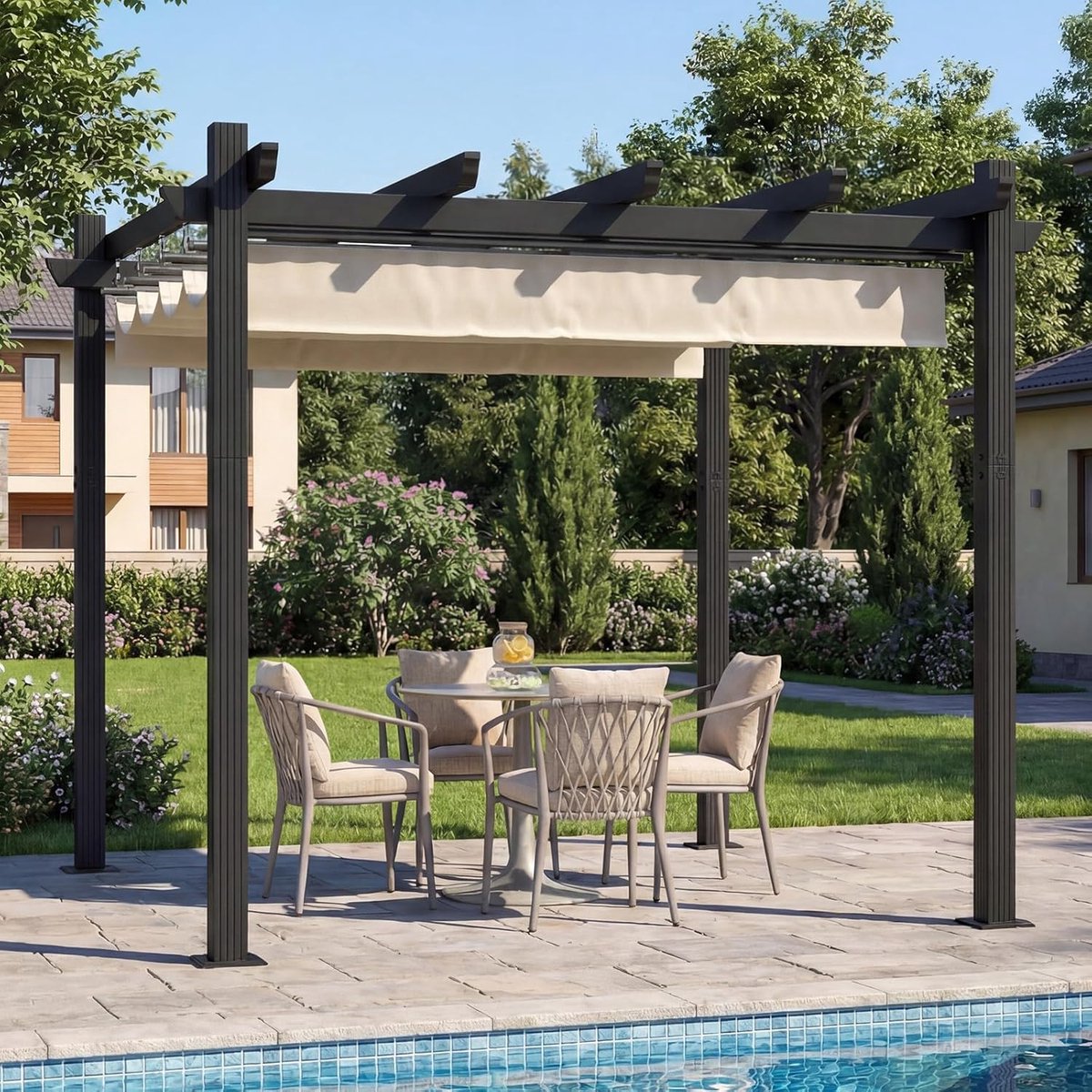 Pergola 3x3m met Uitschuifbaar Dak – Waterdicht Aluminium Tuinpaviljoen voor Terras, Balkon & Tuin – UV-bestendig, Weerbestendig, Beige – Nicolehome