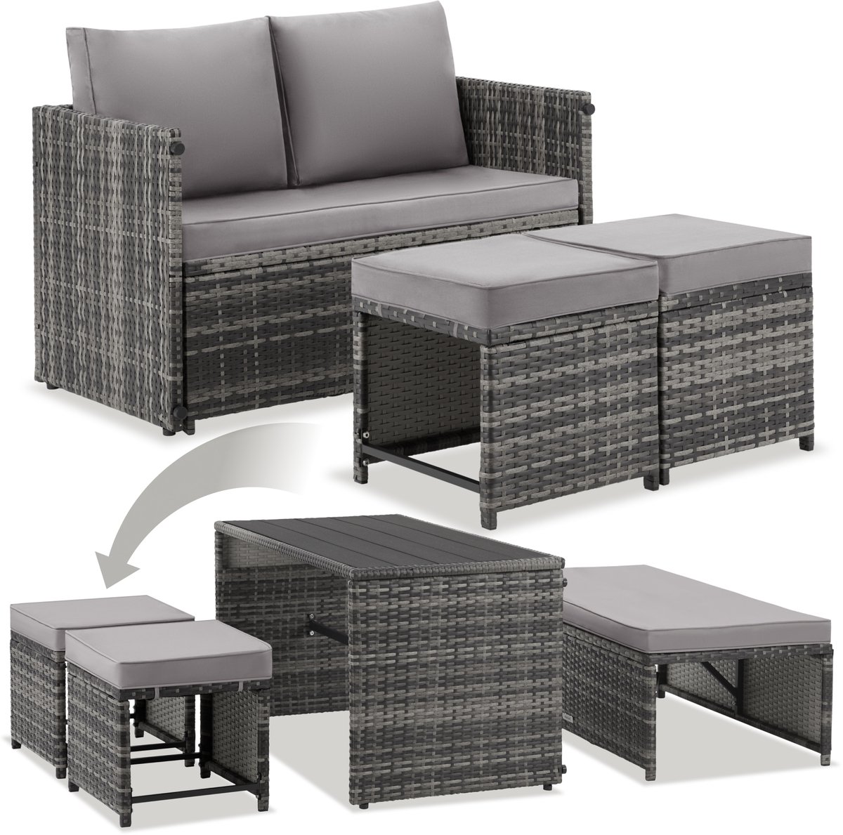 tectake® 2-in-1 Wicker Loungeset - Modulaire Tuinset - Te gebruiken als Tuinbank en Voetenbankjes - Tuintafel - Zitgroep voor 2 of 4 Personen - 110 x 60 cm - Tuinmeubelen - Voor Tuin, Balkon en Terras - Inclusief Kussens - Grijs