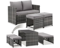 tectake® 2-in-1 Wicker Loungeset - Modulaire Tuinset - Te gebruiken als Tuinbank en Voetenbankjes - Tuintafel - Zitgroep voor 2 of 4 Personen - 110 x 60 cm - Tuinmeubelen - Voor Tuin, Balkon en Terras - Inclusief Kussens - Grijs